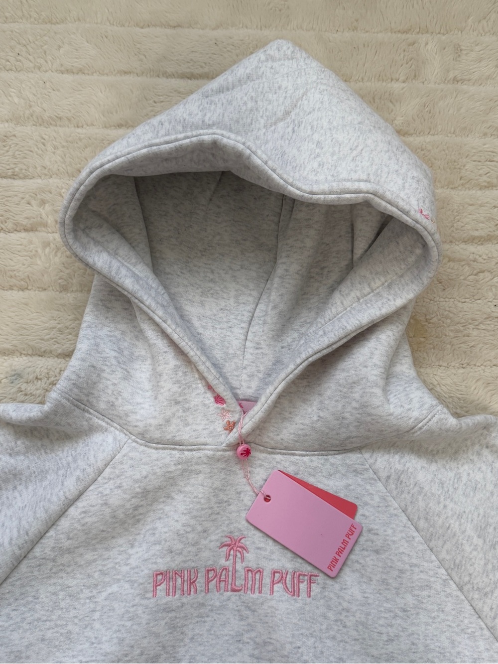 Pink Palm Puff Light Gray Embroidered Hoodie - Picture 2 of 5